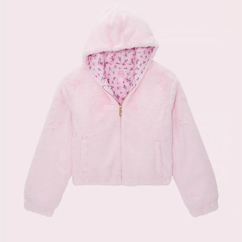 PINK X LOVESHACKFANCY FAUX-FUR CROPPED BOMBER JACKET NWT